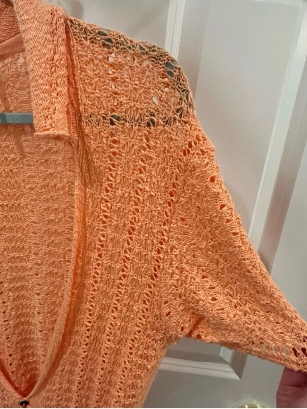 Free People Crochet Knit Sheer Boho Cardigan Swim Beach Cover-Up – Apricot – M